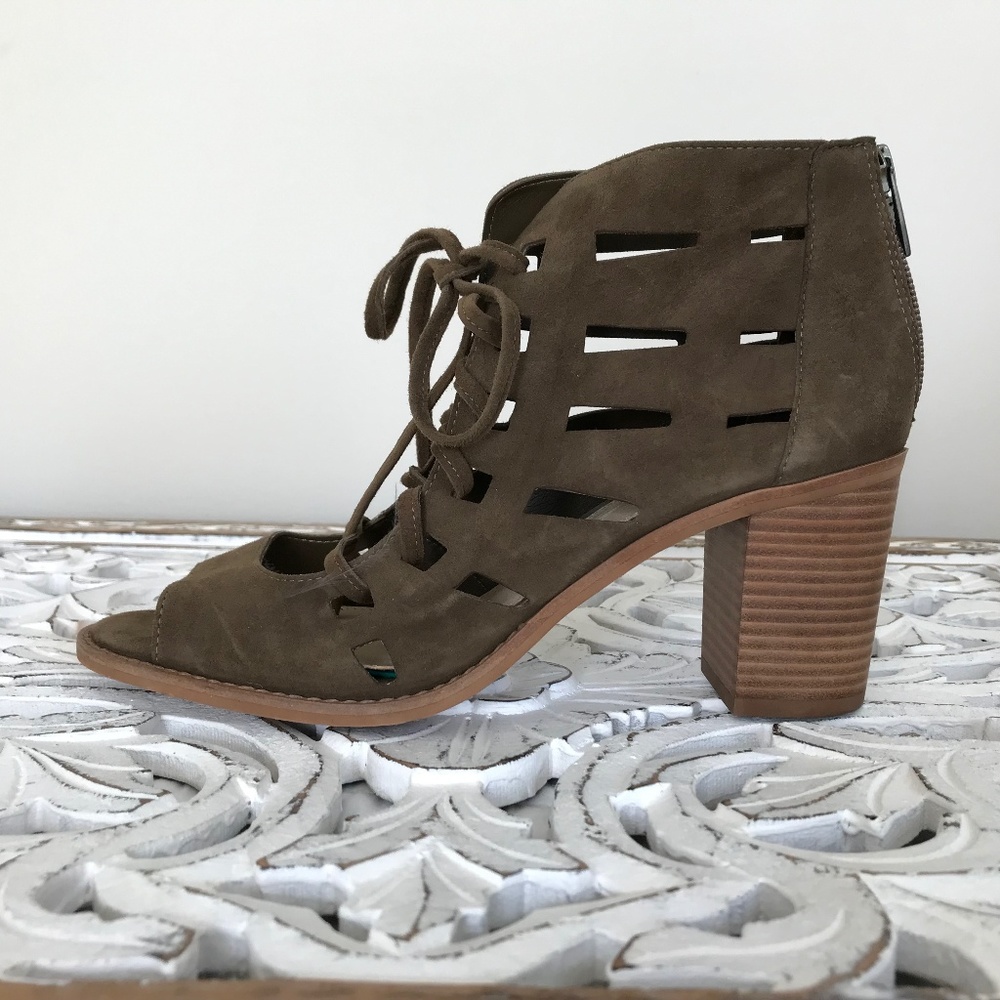 Vince Camuto open toe block heels booties lace up